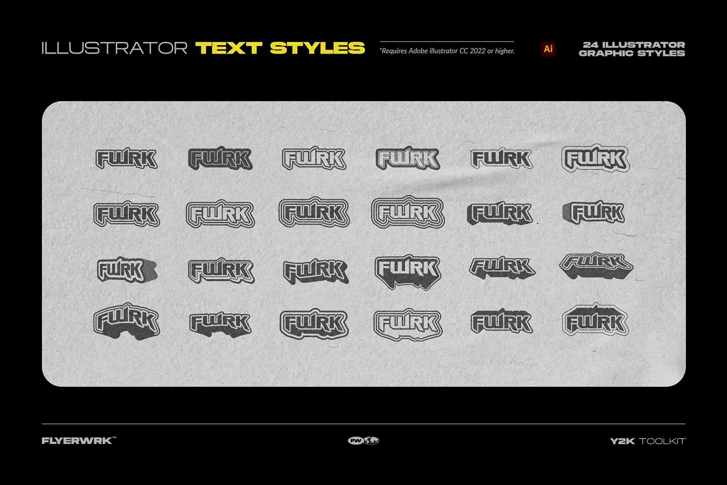 Y2K Toolkit Illustrator text styles preview showing multiple futuristic Y2K logo effects