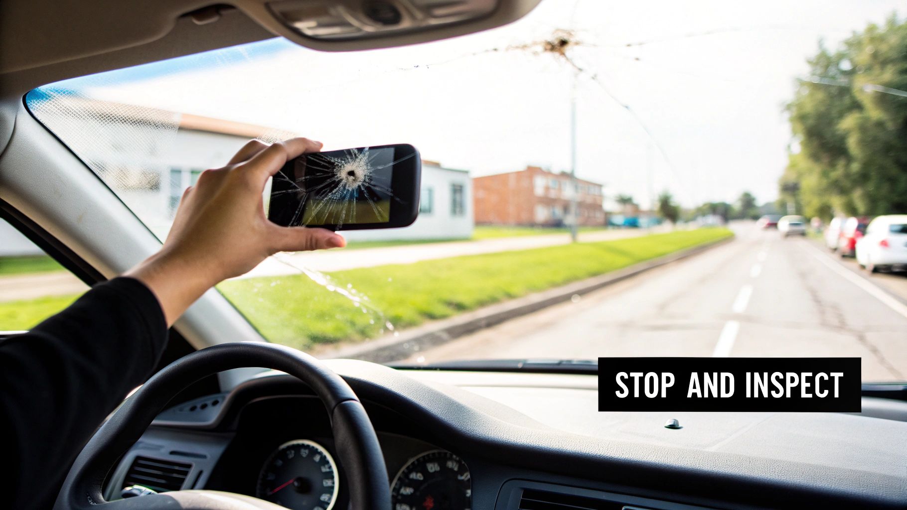 Person in a car taking a photo of a severely cracked windshield with a smartphone.