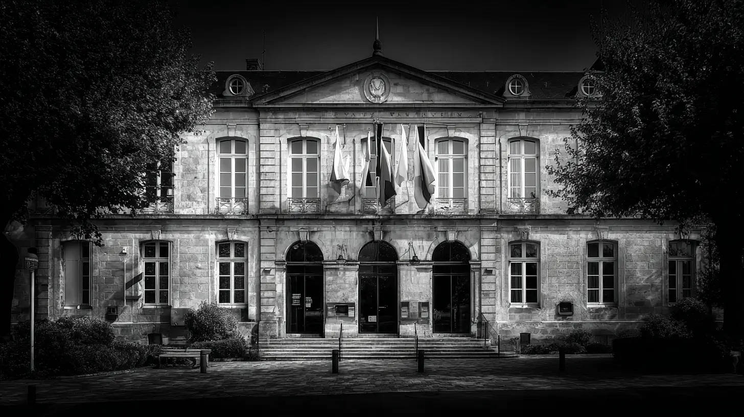 Façade d’un hôtel de ville français en pierre, vue frontale et symétrique, architecture institutionnelle avec drapeaux, en noir et blanc.