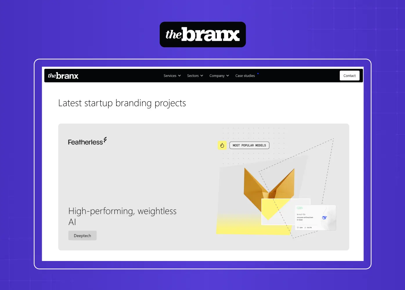 Case study showcase from The Branx highlighting startup branding projects with a clean editorial layout.