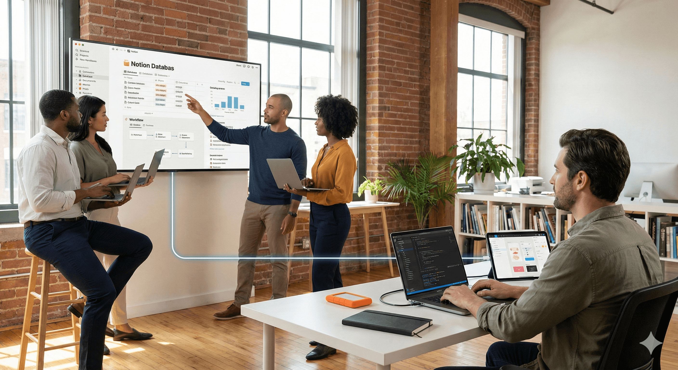 A diverse group of professionals engage in a brainstorming session in a modern office, with one person presenting data on a large digital screen labeled "Notion Database," while others take notes on laptops, highlighting a collaborative work environment.