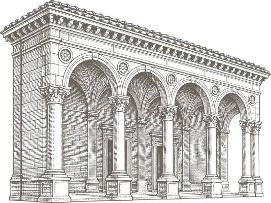 Engraved illustration of a classical arcaded building