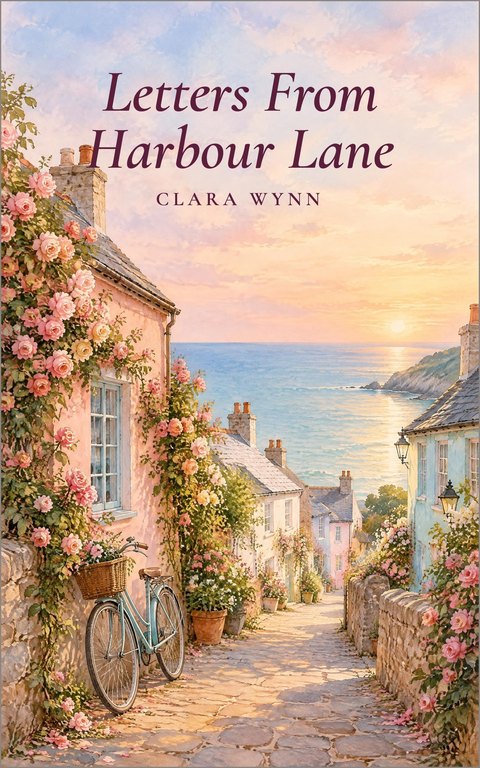 Romance cover template: Letters From Harbour Lane, a seaside lane with roses at sunset