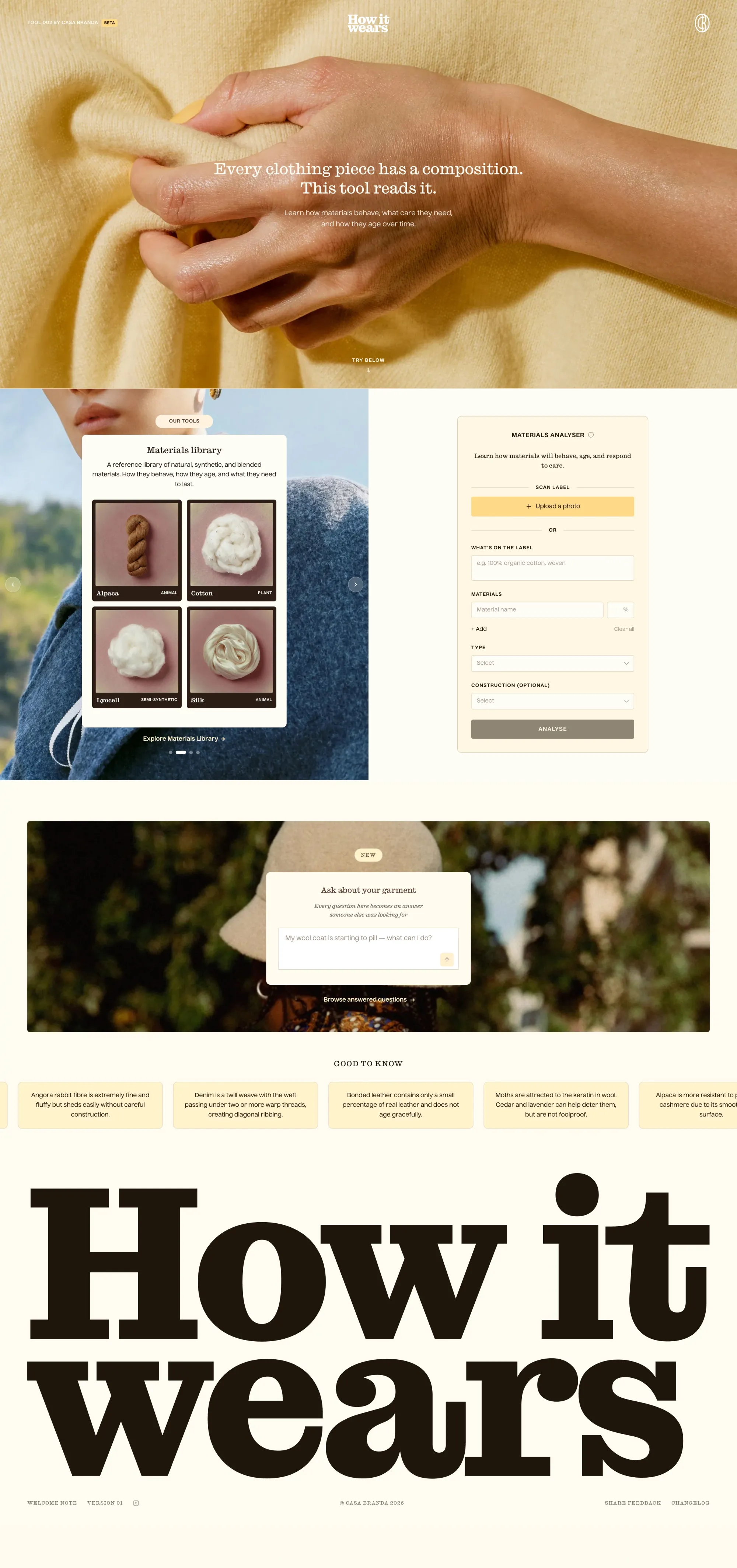 How It Wears · Materials Care & Composit ecommerce page screenshot showcasing Fashion and Tech design