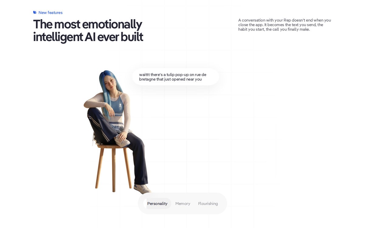 Replika’s homepage feature section, September 2026.
