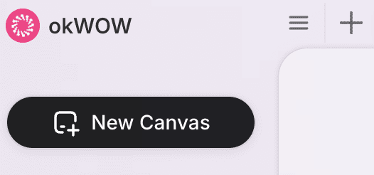 Image of top right of canvas showing okWOW, (+) button, and "New Canvas" Button