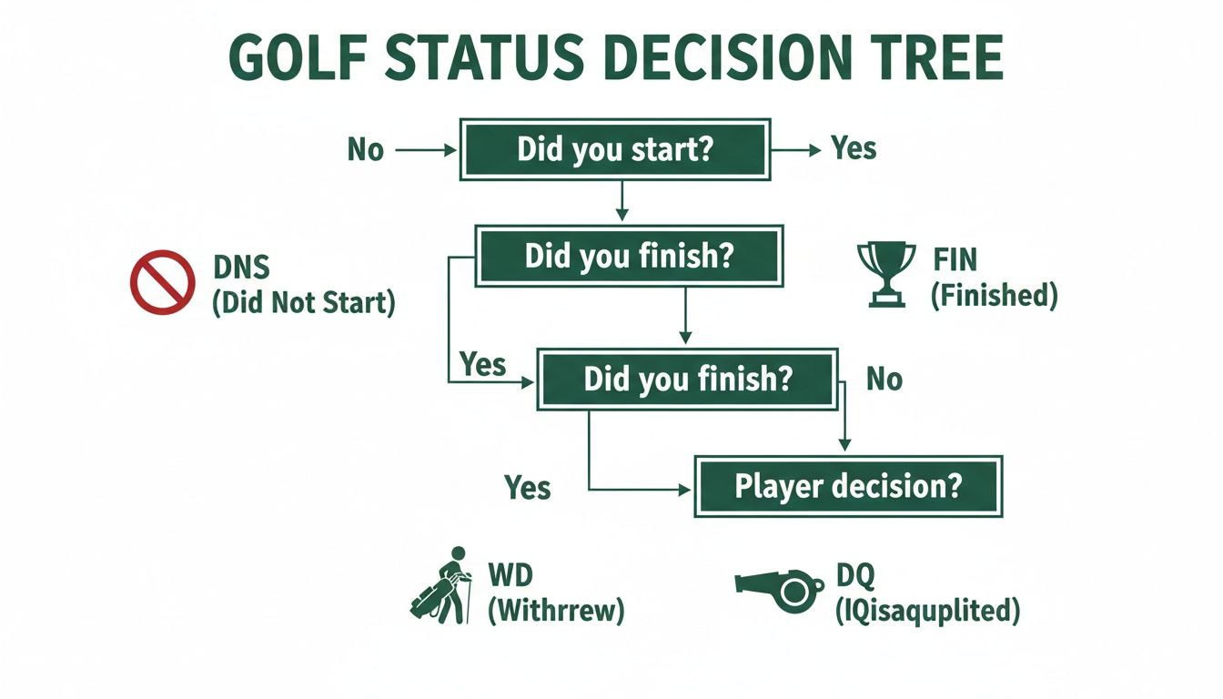 A golf status decision tree illustrating outcomes like Did Not Start, Finished, Withdrew, and Disqualified.