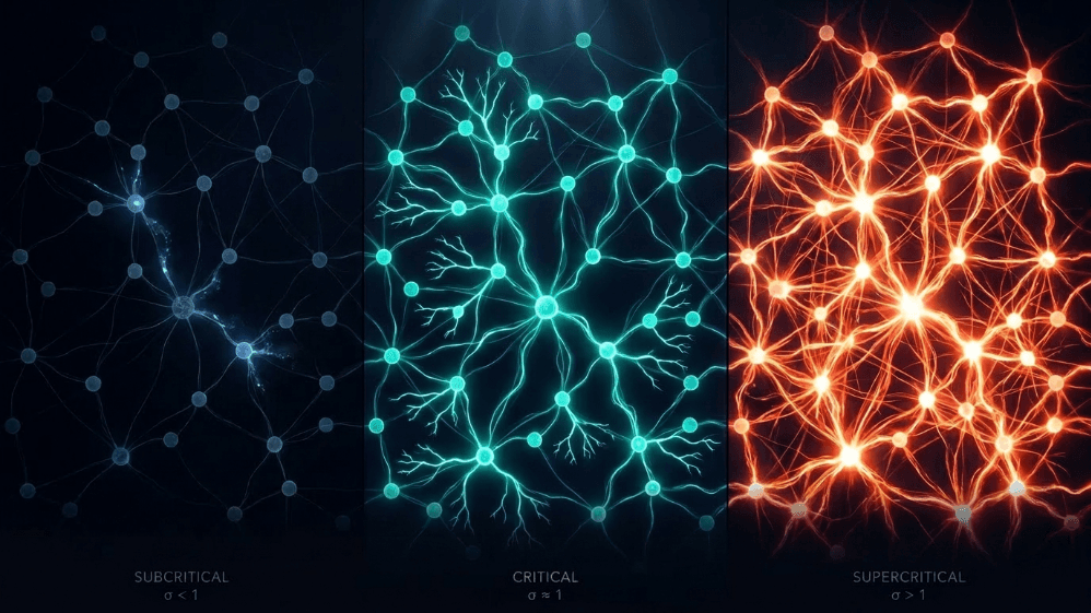 Three-panel visualization of neural network activity across branching ratio regimes. Left panel (subcritical, σ < 1): sparse, dim blue neurons with fading connections. Center panel (critical, σ ≈ 1): balanced, bright cyan neurons with branching, tree-like signal propagation. Right panel (supercritical, σ > 1): densely activated orange-red neurons with explosive, runaway excitation.
