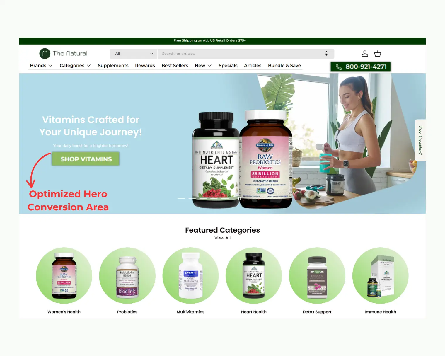 The Natural homepage featuring vitamins, raw probiotics, and heart health supplements.