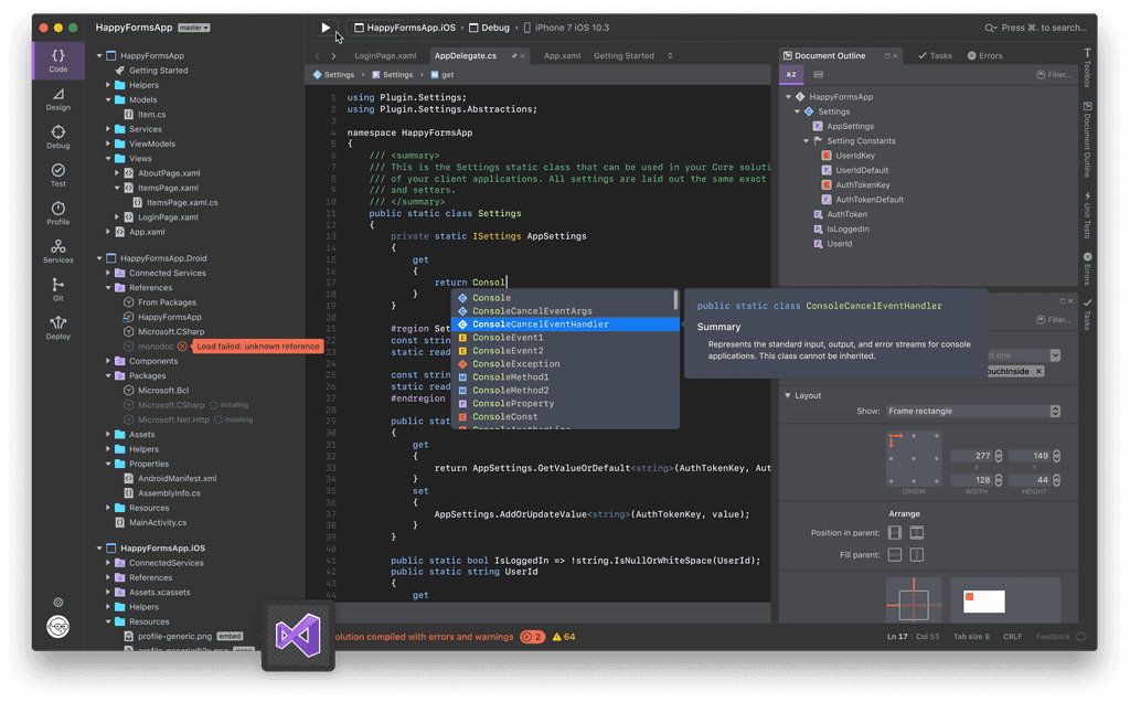 Integrated development environment interface for a mobile app project named HappyFormsApp, showing code editor, file explorer, and project structure with code completion suggestions visible.