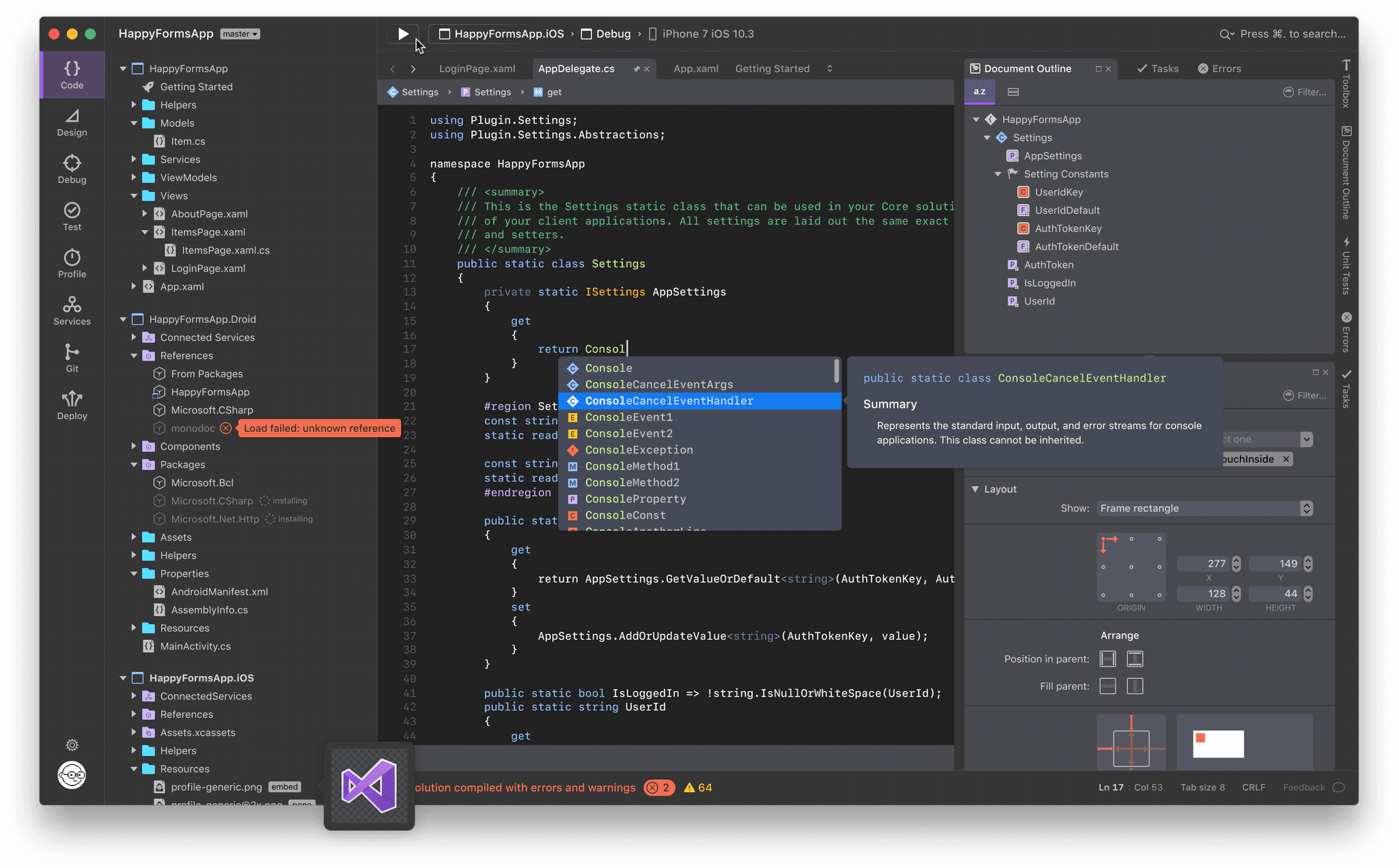 Integrated development environment interface for a mobile app project named HappyFormsApp, showing code editor, file explorer, and project structure with code completion suggestions visible.