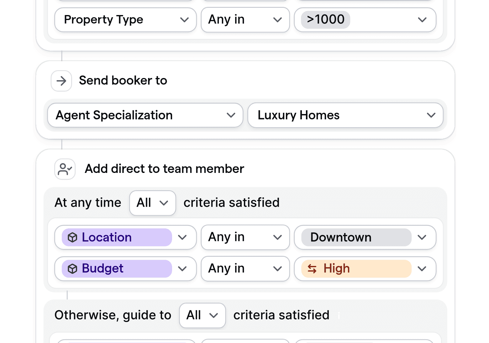 Customizable routing logic for real estate, matching leads to agents by property type, specialization, and location.