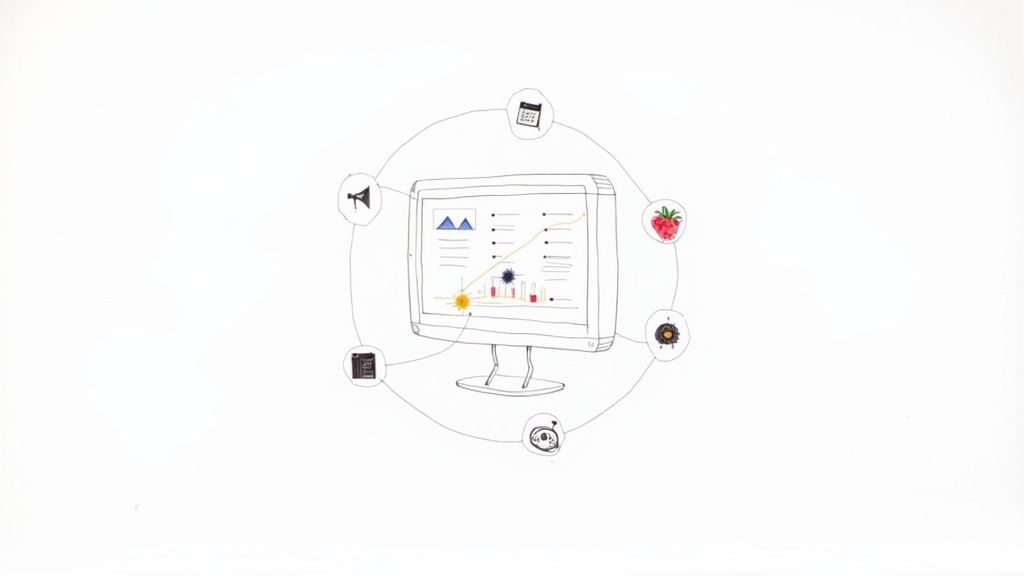 Computer monitor displaying social media dashboard surrounded by marketing tool icons in circular layout
