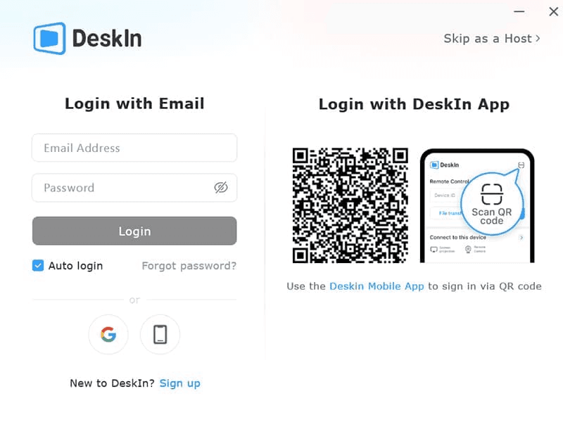 Register or log in to DeskIn
