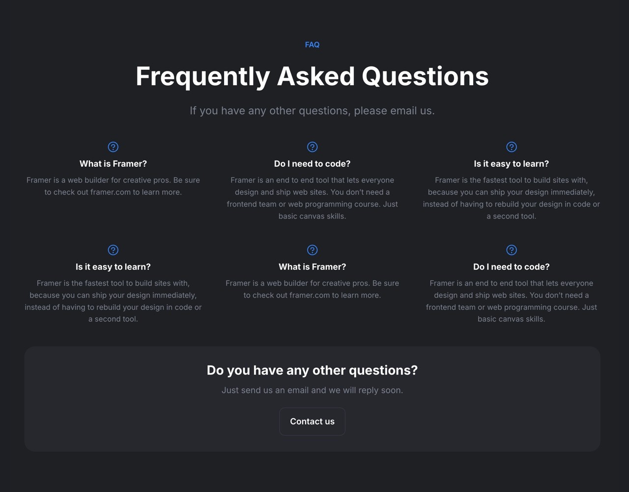 Framer Dark FAQ Section - Frameblox UI