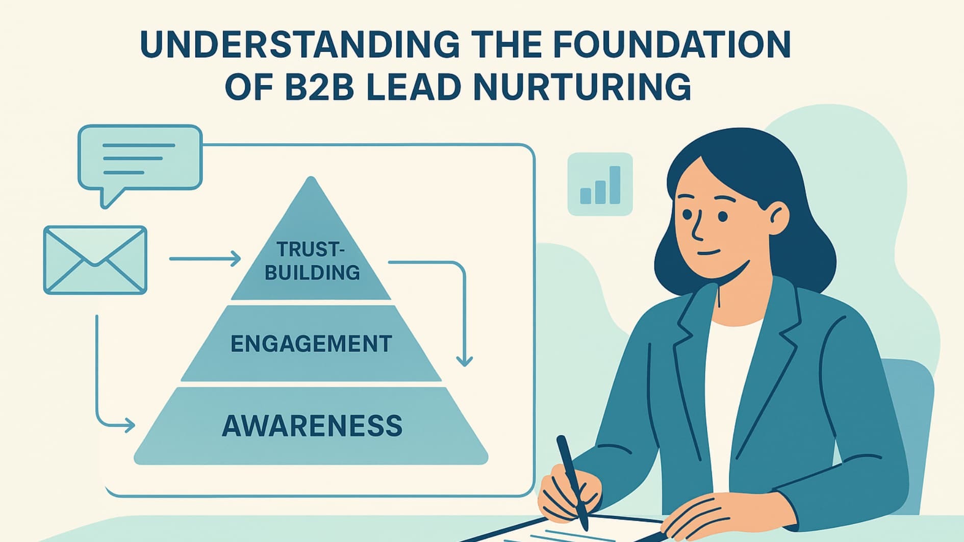 Illustration highlighting the key elements of high-quality B2B lead nurturing, including awareness, engagement, and trust-building.