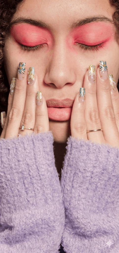 Woman with pastel rainbow nails and bold pink eyeshadow