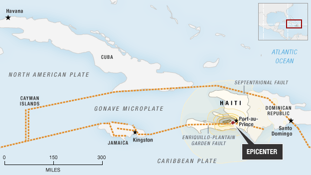 A map showing where the North American and Caribbean plates meet in Cuba, Jamaica, Haiti, and the Dominican Republic.