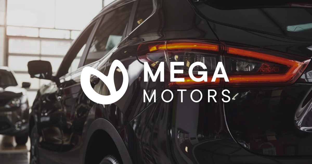 Mega Motors automotive marketplace branding with modern sports car and vehicle trading concept