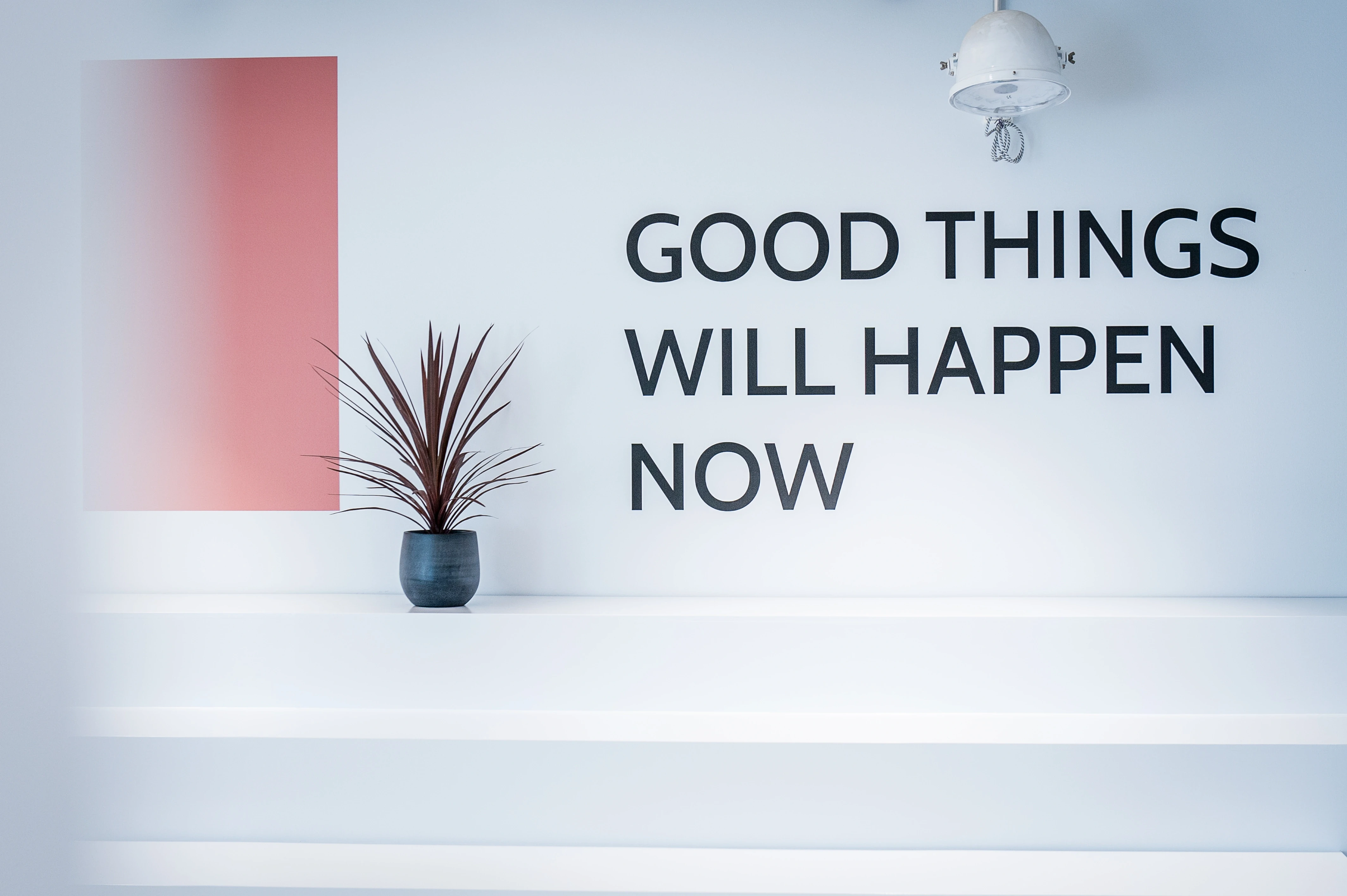 White wall at the 17 FASHION BRANDS showroom with the black slogan Good Things Will Happen Now, a coral-red colour field, a plant in a blue pot and a vintage spotlight.