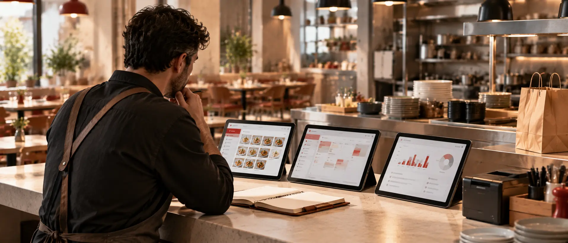 Restoran sahibi tezgâhın başında üç tablet üzerindeki menü, sipariş ve raporlama ekranlarını karşılaştırarak işletmesine uygun restoran programını değerlendiriyor