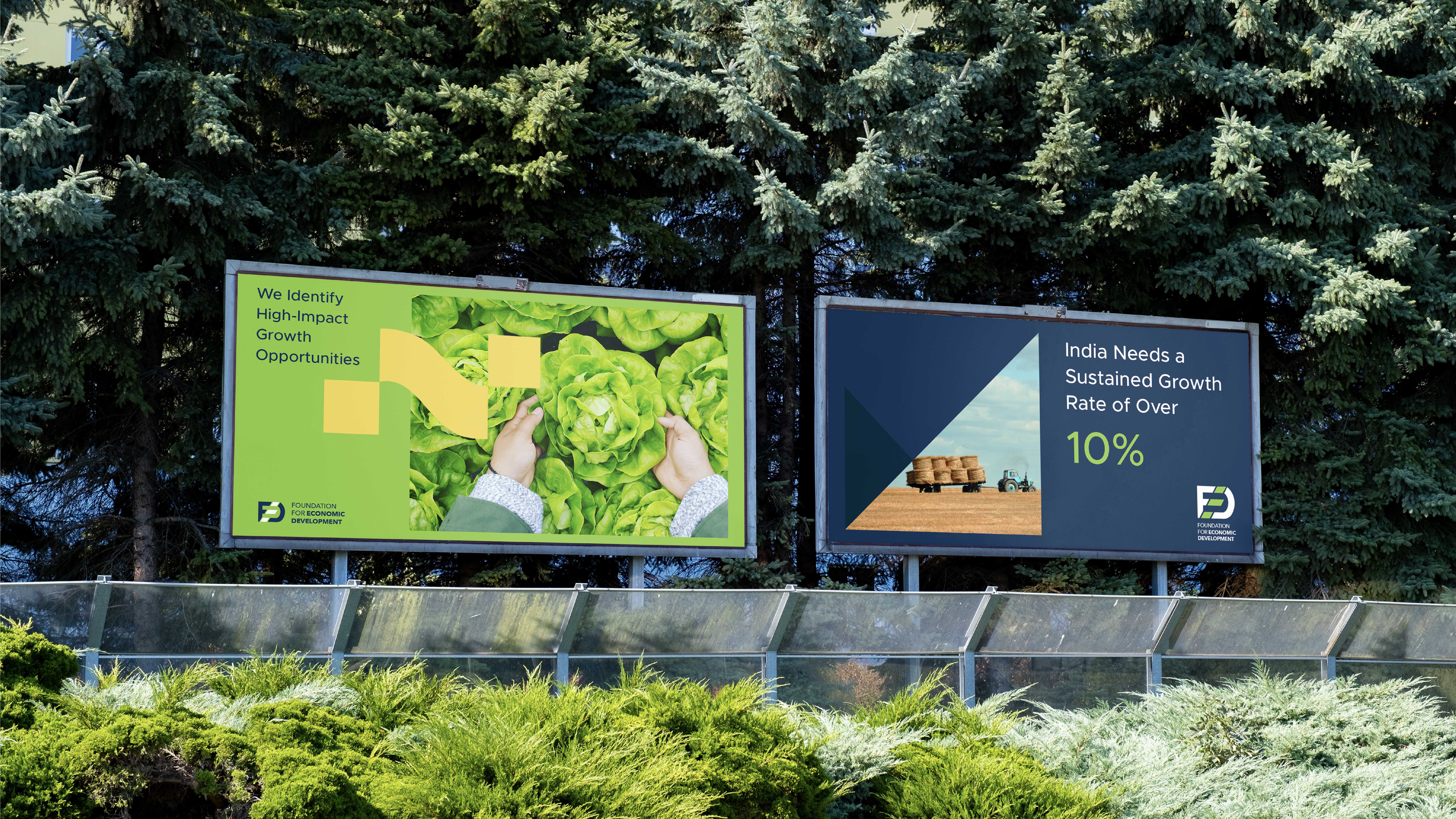 Dual billboard designs created by Manasi Doshi communicate the Foundation’s growth-oriented message, featuring sustainability and economic potential through vibrant, data-backed visuals.