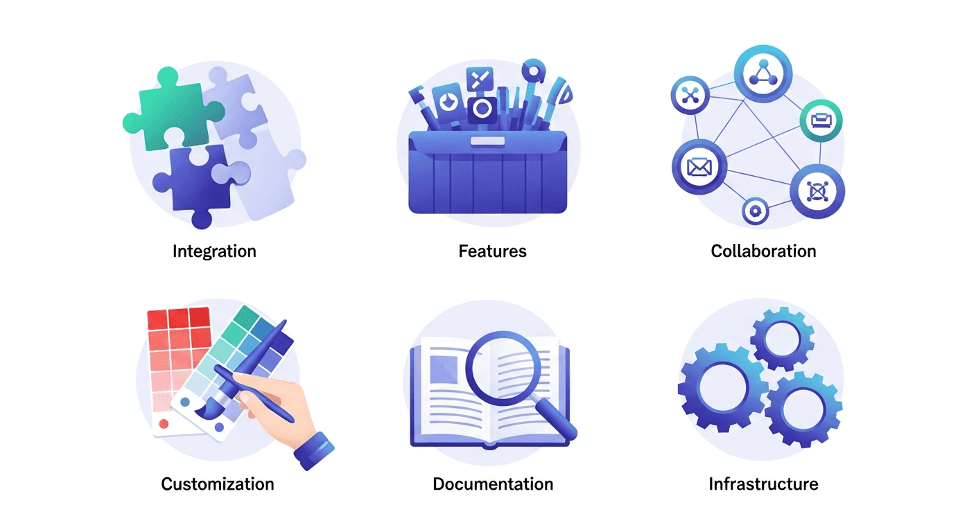 A modern, clean illustration showing six evaluation criteria for comparing software editors. Display visual metaphors like a puzzle piece for integration, a toolbox for features, connected nodes for collaboration, a color palette for customization, an open book for documentation, and interconnected gears for infrastructure. Use a tech-forward color palette with blues, purples, and greens. Flat design style with subtle gradients and geometric shapes. No text or letters visible.