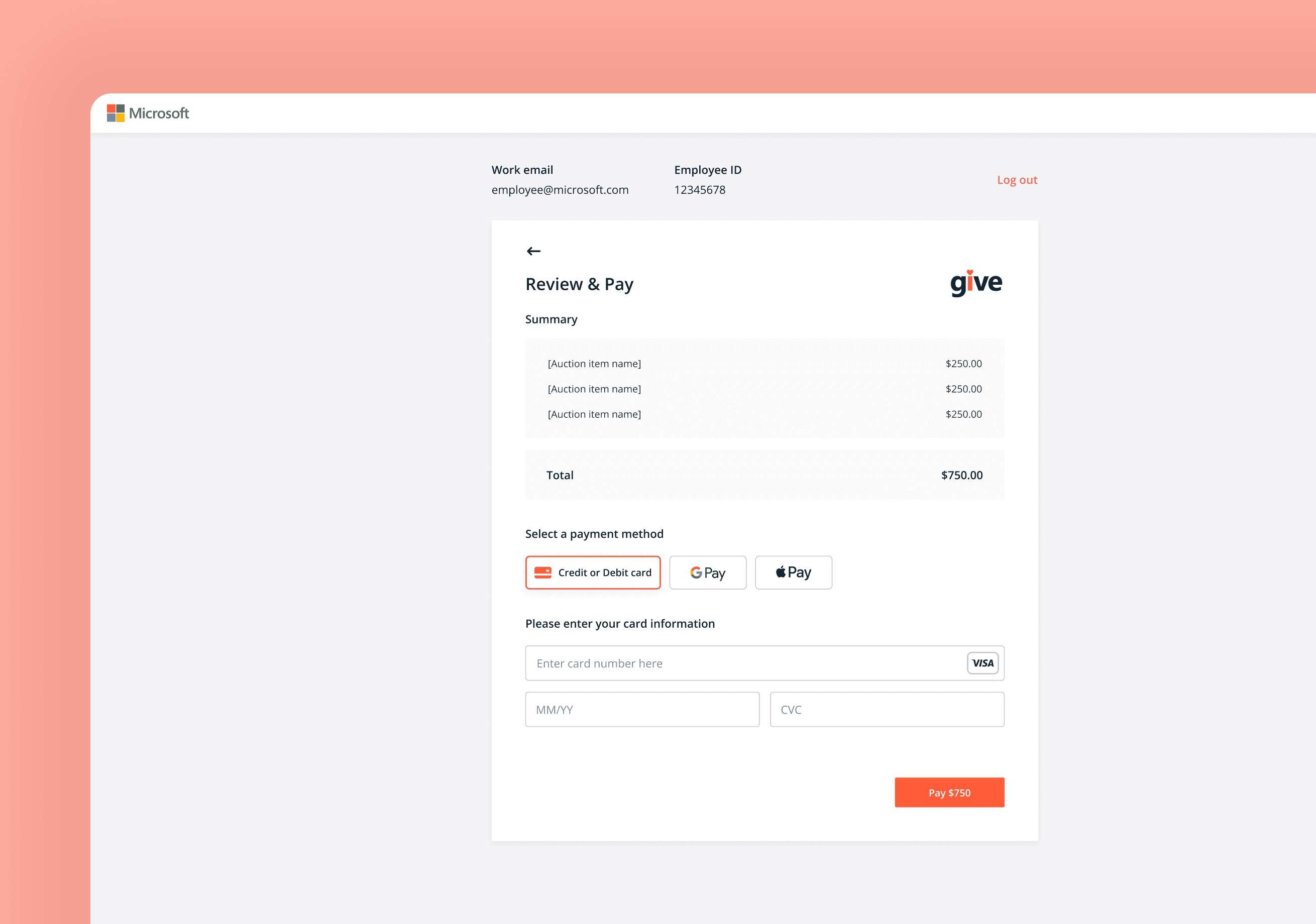 A payment process for Microsoft Give annual employee auction