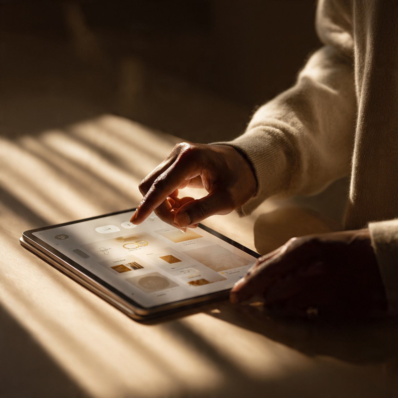 Close-up of hands tapping and scrolling on a tablet displaying an e-commerce interface in warm light.