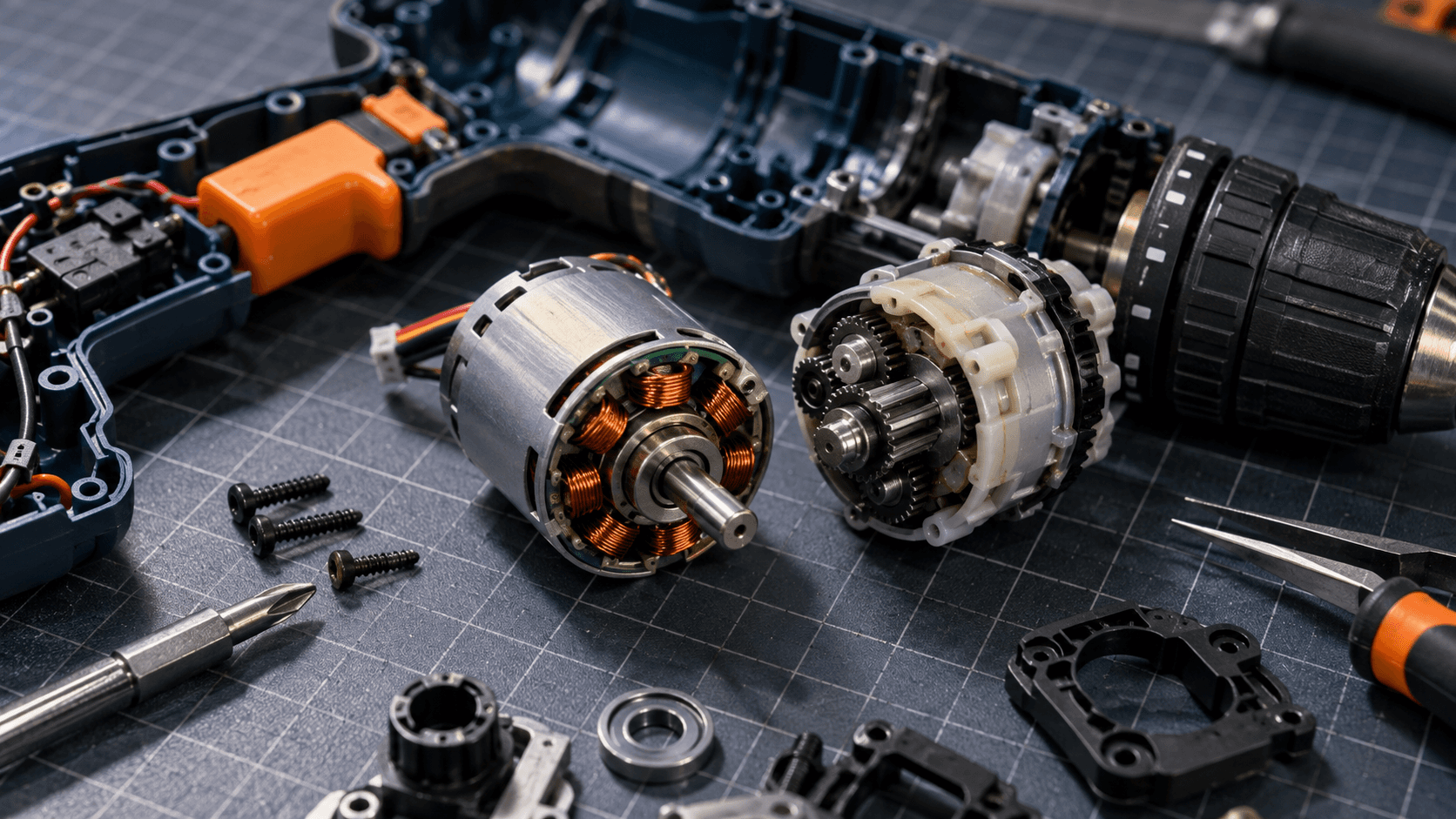 Disassembled electric motor and power-tool components