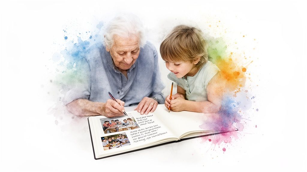 Elderly woman and young child writing in a photo album, sharing memories and creating a story.