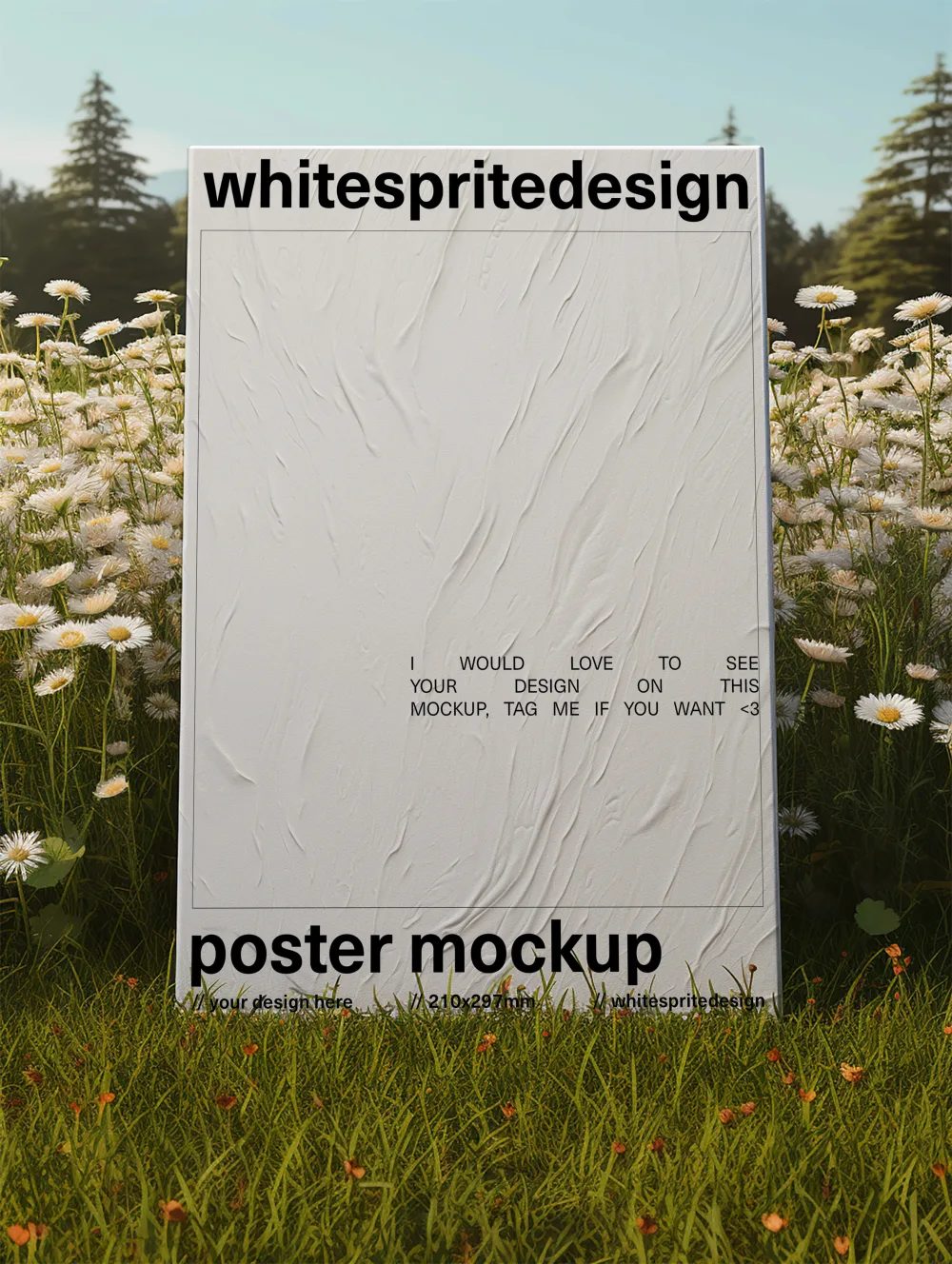 A textured A4 poster mockup displayed outdoors on a lush green grass field with blooming white daisies. The natural lighting and blurred trees in the background create a serene, springtime ambiance.