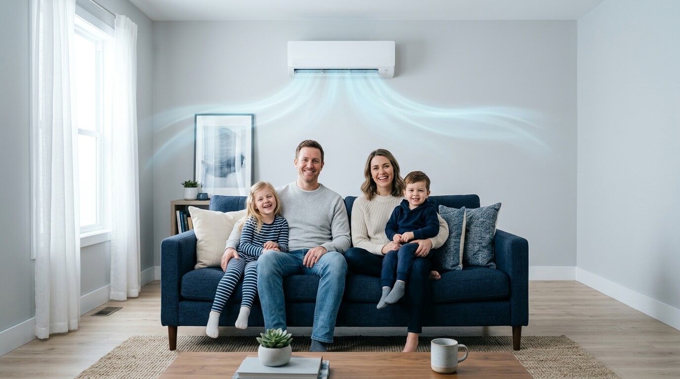 Smiling woman relaxes on a living room sofa with a mug, enjoying cool air from a wall-mounted air conditioner.