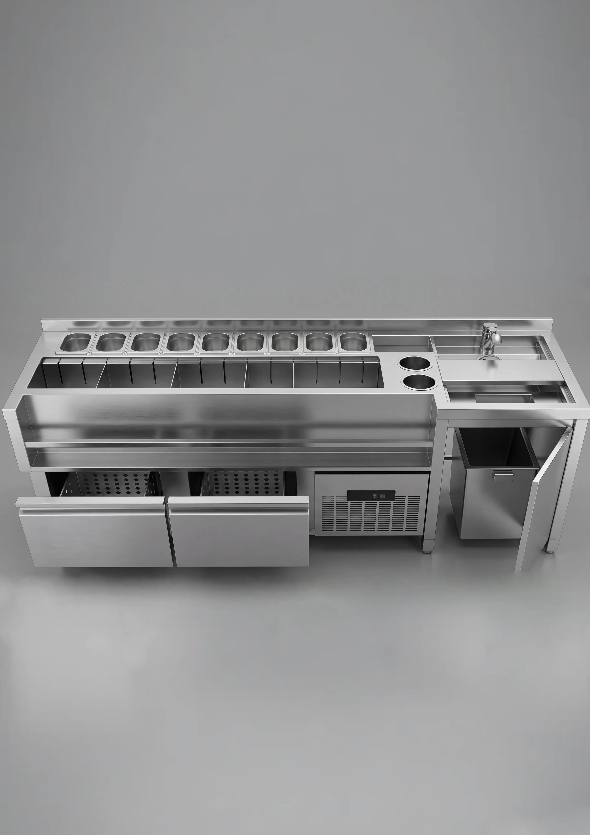 Custom-fabricated AISI 304 stainless steel speed rail bar station featuring built-in ice chests, integrated bottle rails, and underbar storage modules designed for high-efficiency commercial hospitality workflows.