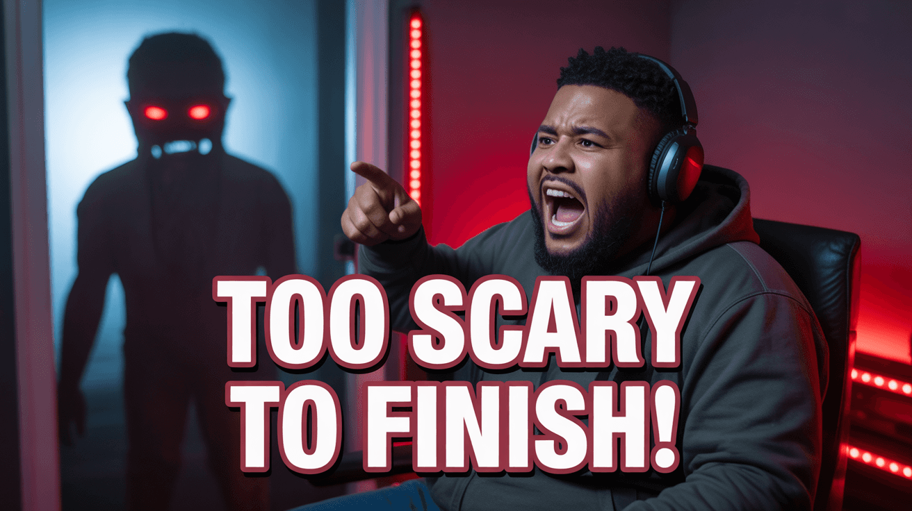 Terrified streamer in red-lit room pointing at shadow figure in doorway with TOO SCARY TO FINISH text