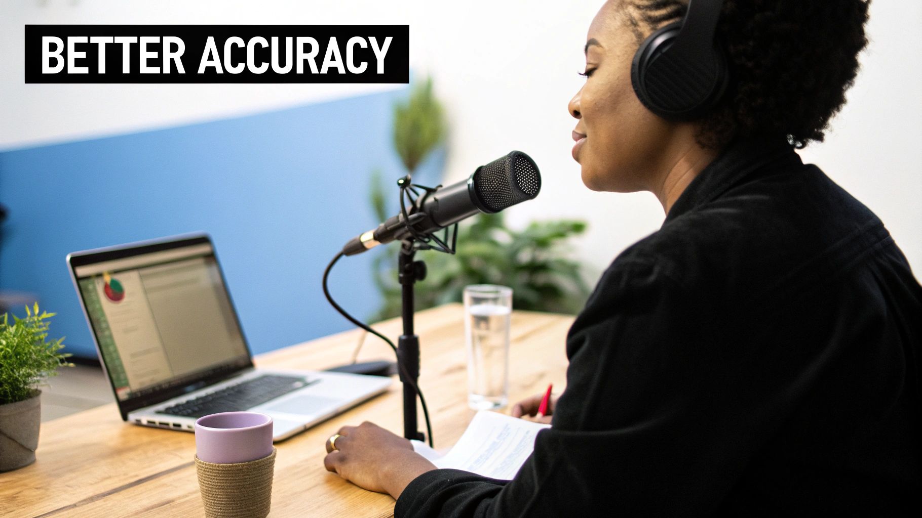 A person speaking clearly into a high-quality microphone connected to their laptop, in a quiet office setting.