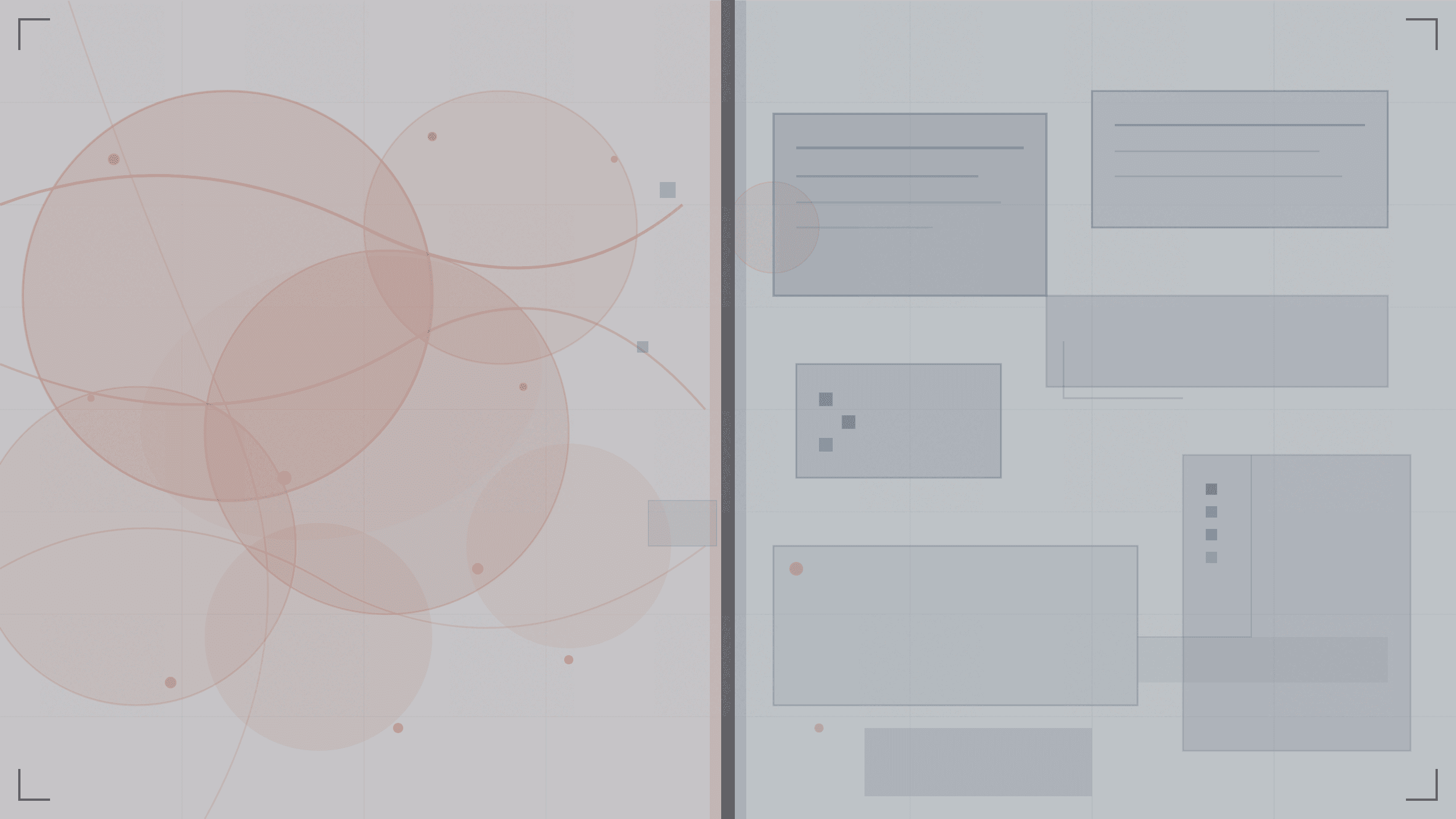 Abstract Swiss modernist blog cover for brand video versus corporate video article featuring a split composition on pale blue-gray with warm coral organic circles and flowing curves on the left contrasting rigid indigo rectangles and precise ruled lines on the right divided by a sharp vertical boundary with elements bleeding across the border suggesting misidentification and confusion between two fundamentally different video formats