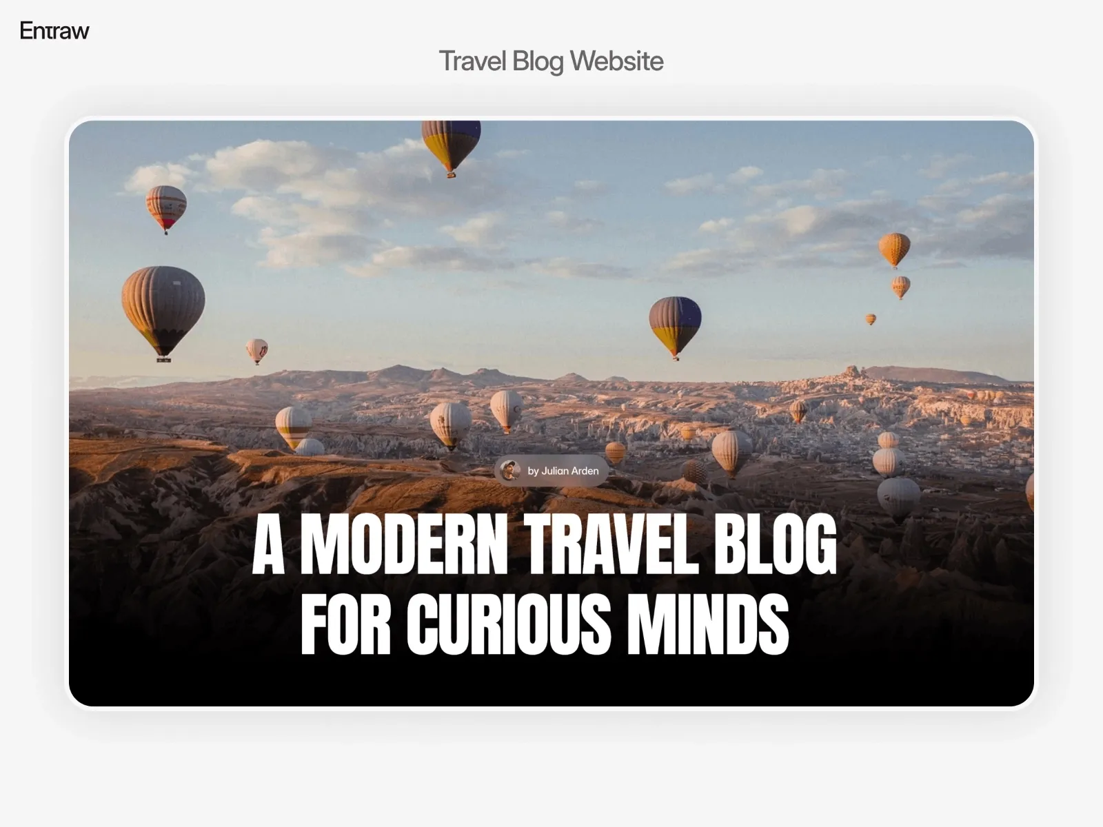 Arden travel and adventure blog template with hot air balloon hero image and modern travel blog headline.