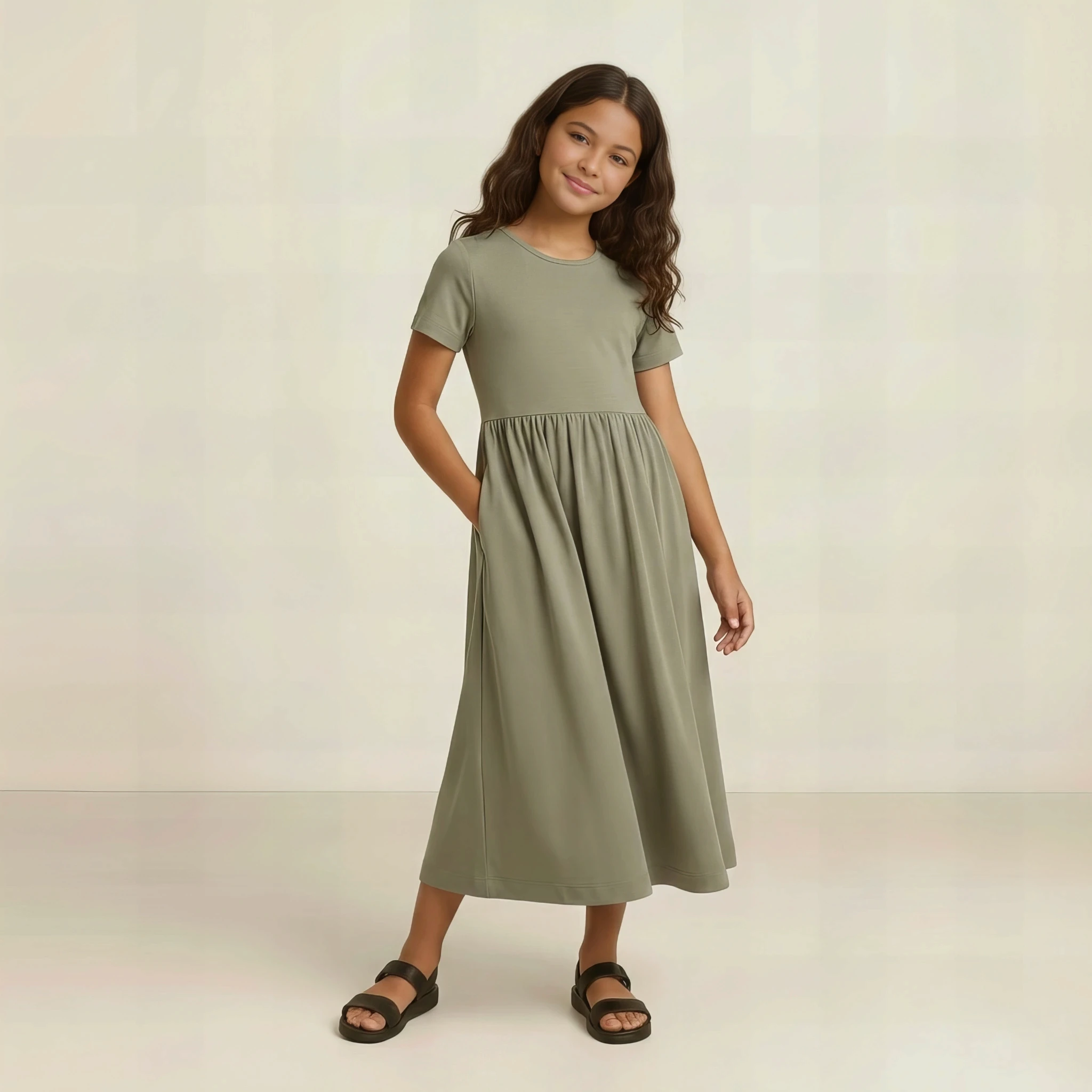 Cotton Flare Dress in Olive Fog