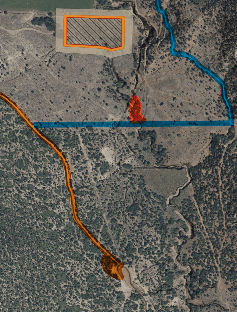 Mapping overview depicting land and road improvements with highlighted zones in orange and blue; includes delineated areas for development and a red zone indicating a specific feature.