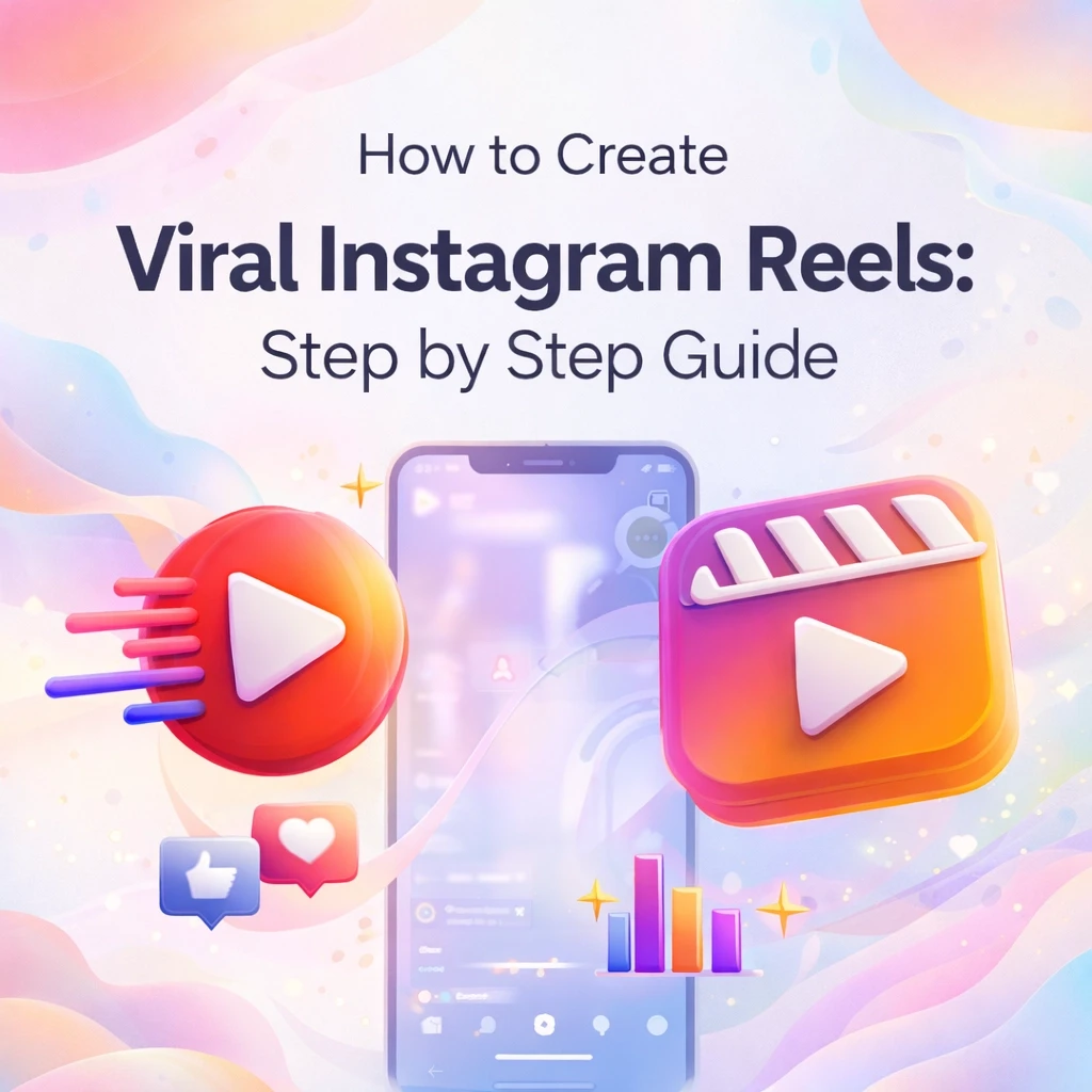 Light pastel blog cover design featuring the title “How to Create Viral Instagram Reels: Step by Step Guide,” with a smartphone showing an Instagram-style interface, 3D Reels and play icons, engagement symbols like hearts and likes, and a soft, trendy gradient background suitable for a professional blog post.