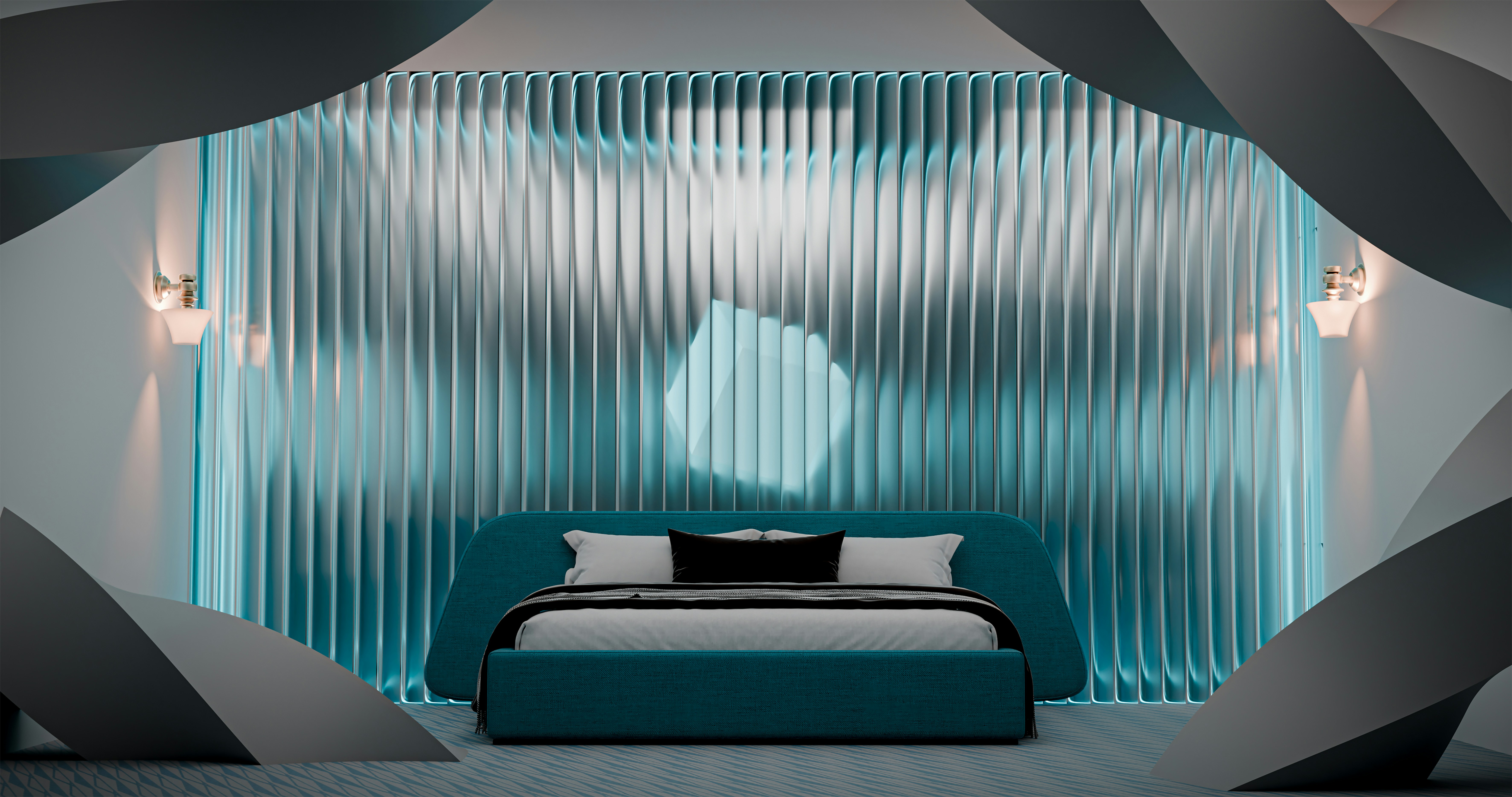 Modern bedroom with a teal bed and wavy wall