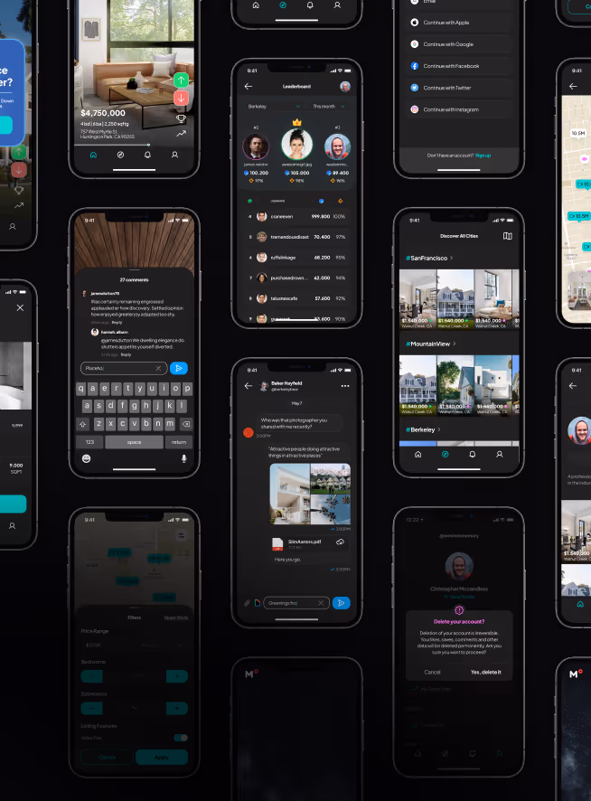 Multiple smartphone screens displaying dark-themed real estate and social app interfaces with property listings, messaging, leaderboards, and account settings.