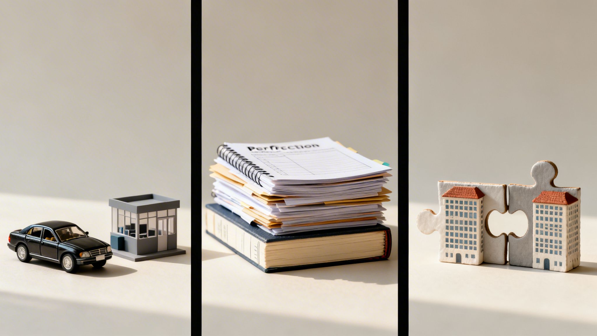 En triptyk med en leksaksbil, ett miniatyrhus, en hög papper och pusselbitar som föreställer byggnader.