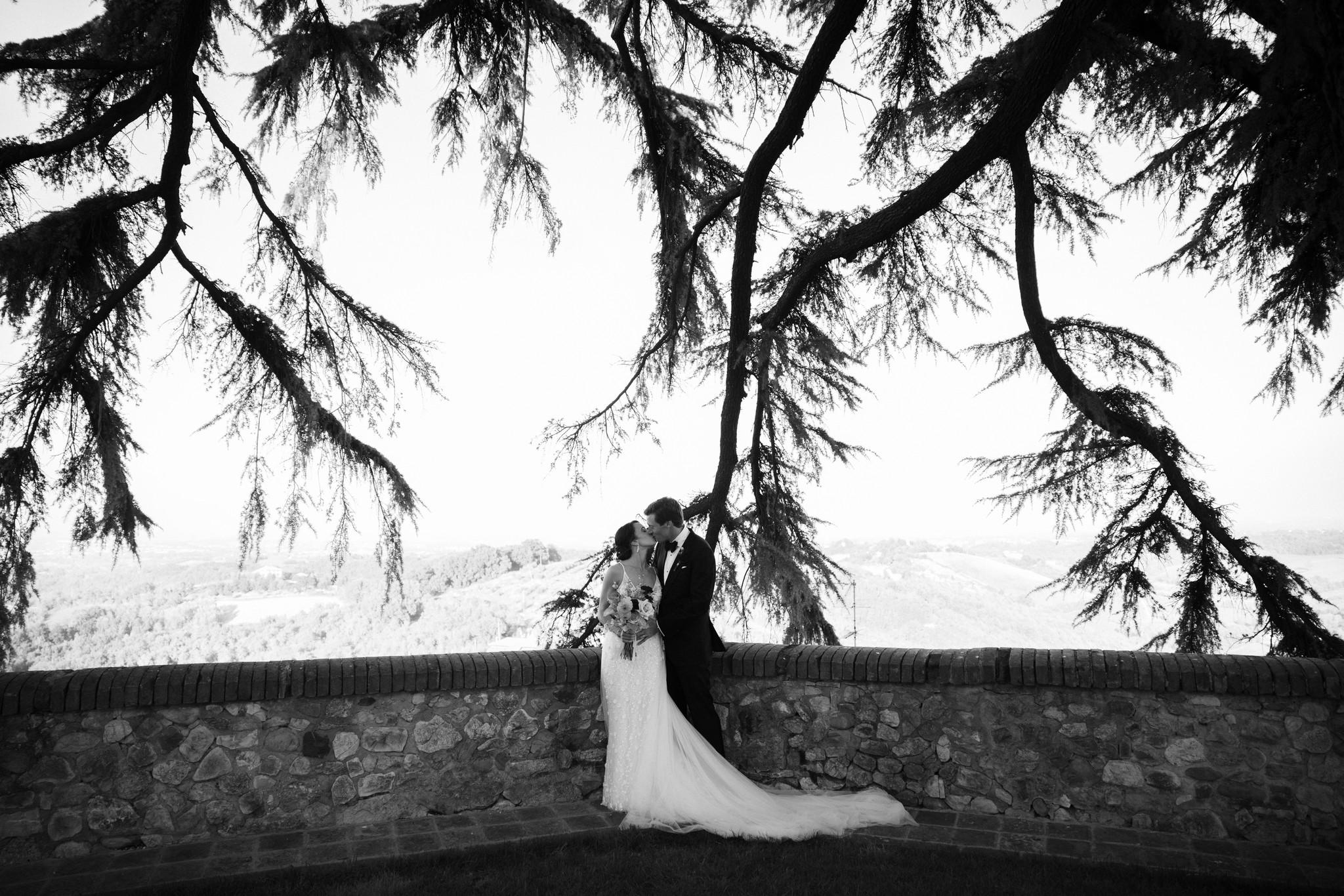 Sposi sotto i rami di un cedro al Castello di Tabiano, ritratto di matrimonio in bianco e nero