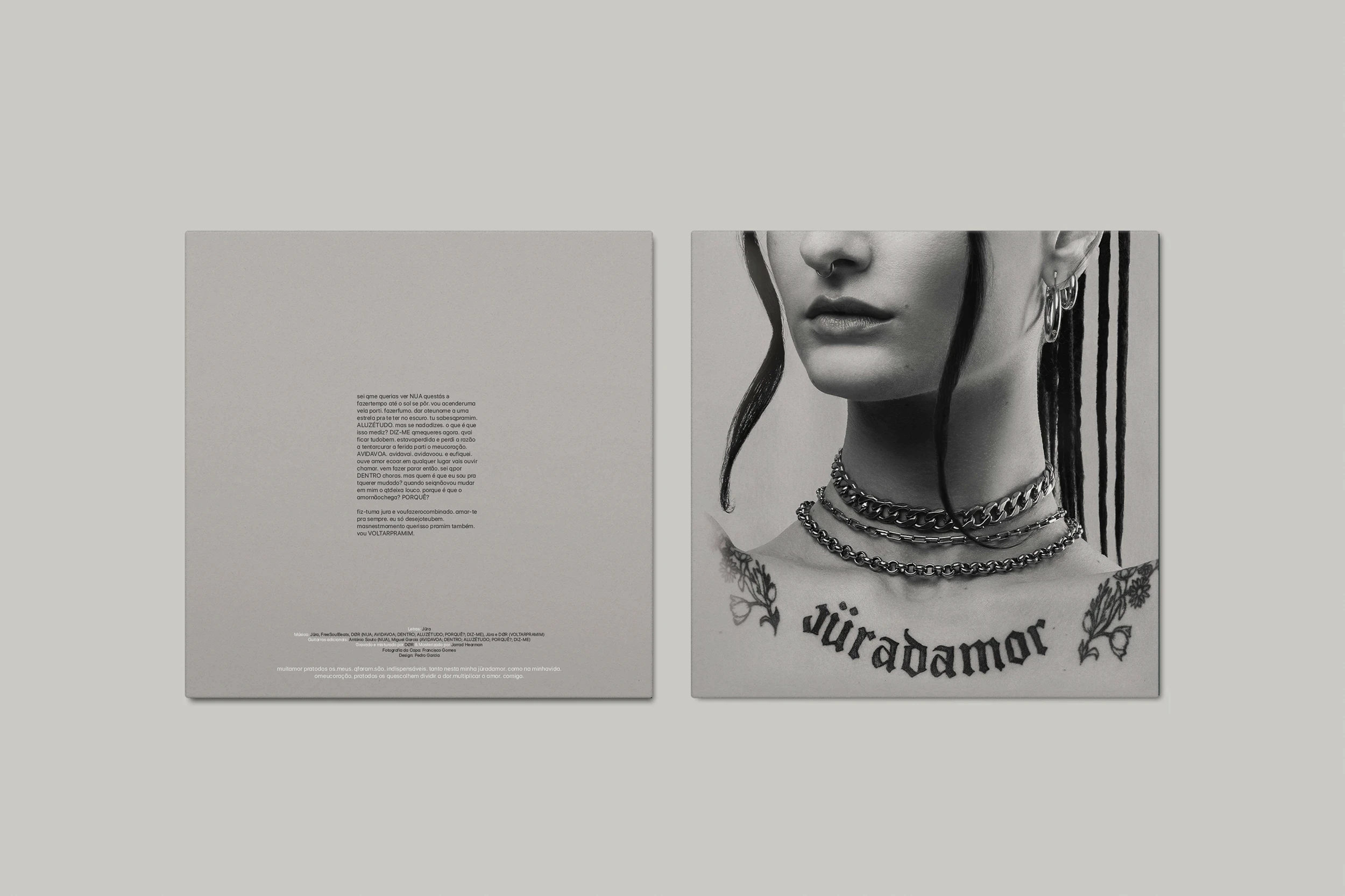 Album cover design for Jüradamor featuring monochrome portrait photography and minimalist vinyl artwork