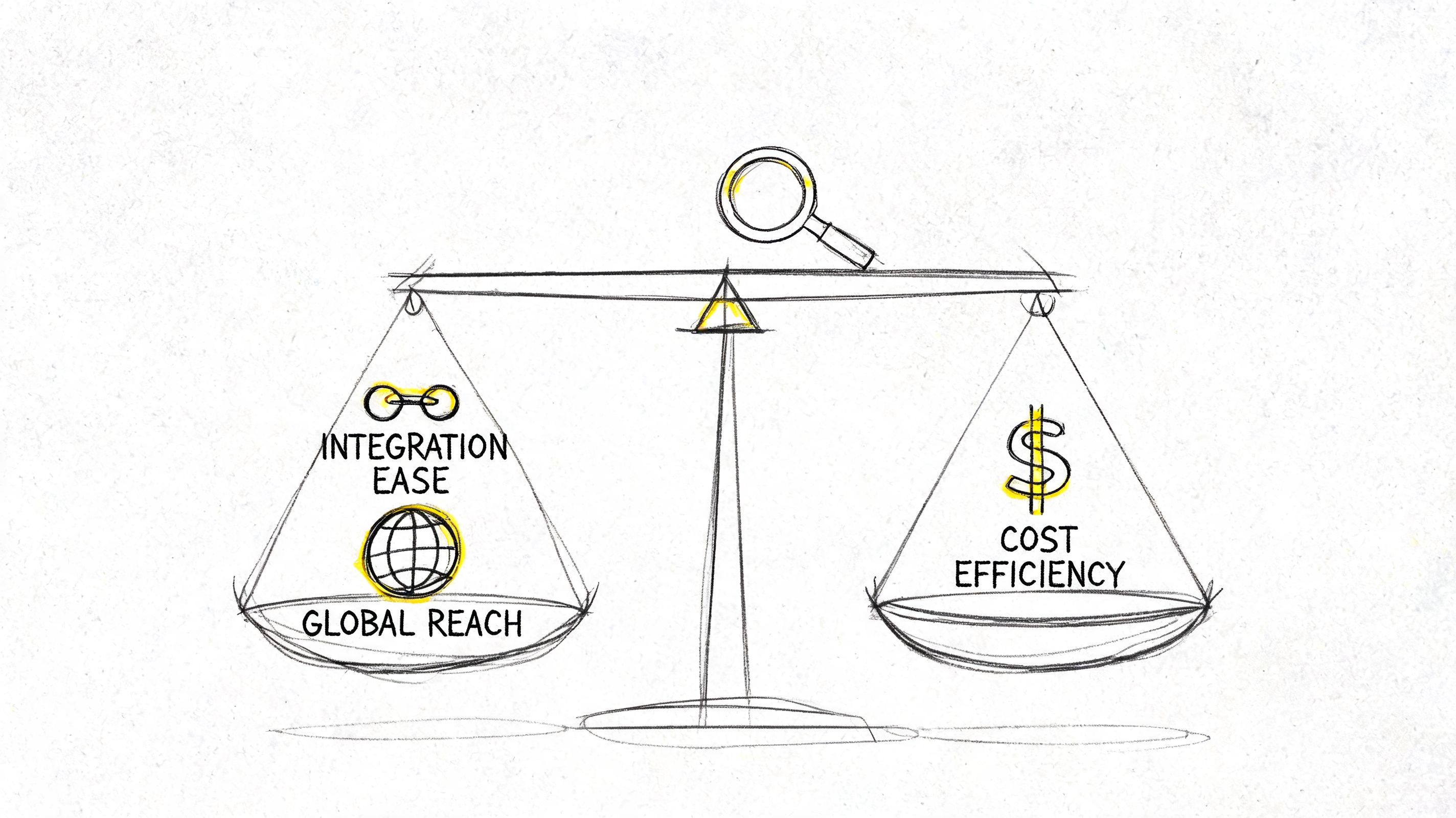 A hand-drawn scale illustration balancing integration ease and global reach against cost efficiency in business operations.
