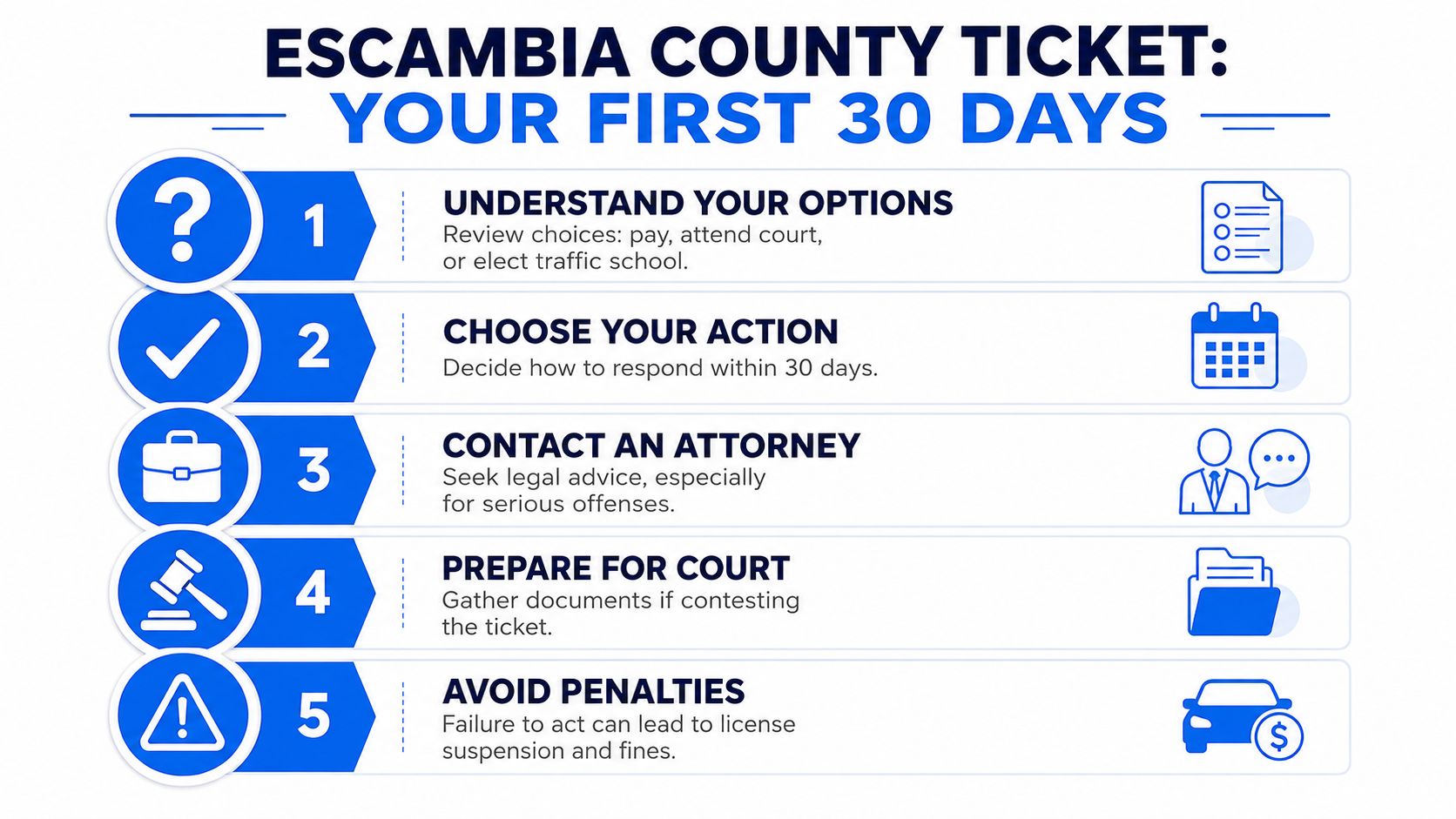 An infographic outlining the five essential steps for handling an Escambia County traffic ticket within 30 days.