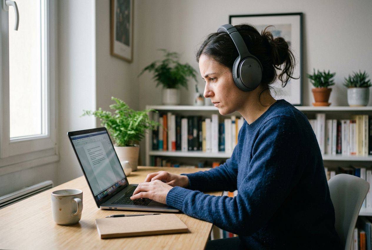 Transcriptrice travaillant avec précision et rigueur sur un enregistrement
