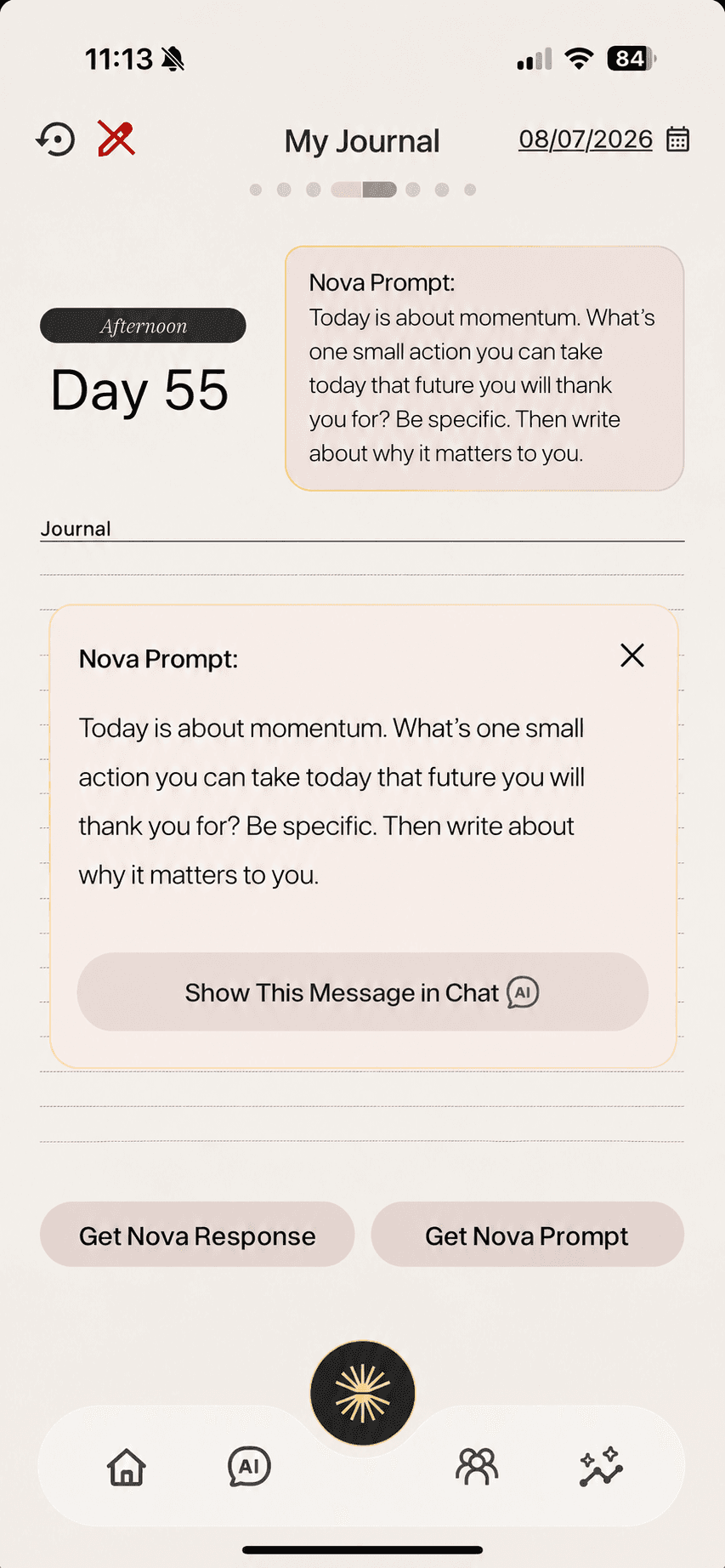 One Story journal app showing the daily Nova prompt